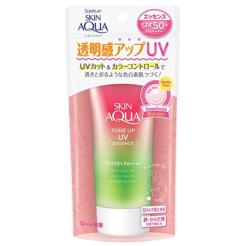 rohto Skin Aqua Tone Up Rose Aura Essence Sunscreen SPF50+PA++++ 80g limited edition