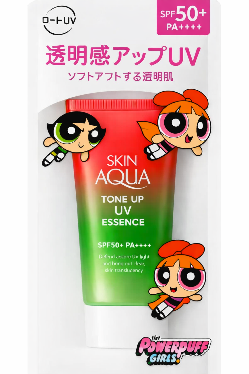 Rohto Skin Aqua Tone Up UV Essence Powerpuff Girls Limited Happiness Aura Roser 80g SPF50 PA++++