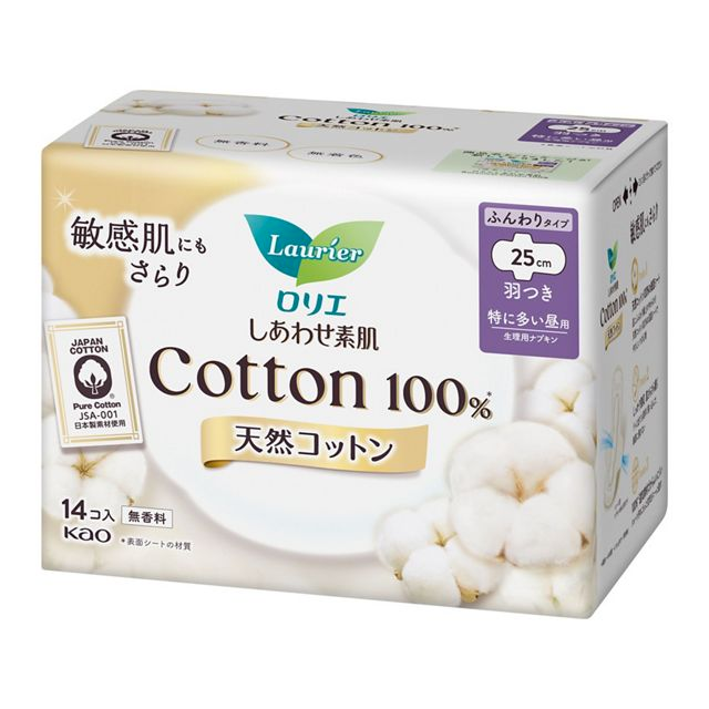 KAO Laurier Happy Skin 100% Natural Cotton 25cm Extra Heavy Flow Daytime Use 14pcs