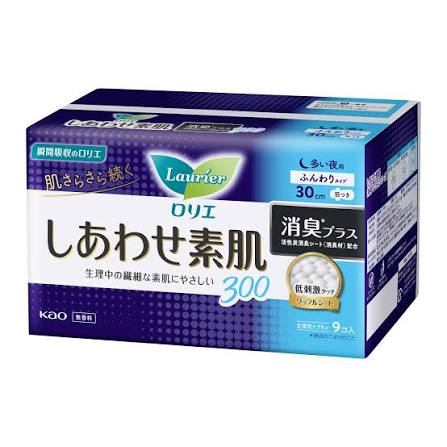 Laurier Happy Skin Deodorizing Plus Nighttime Pads 30cm with wings, 9 pieces